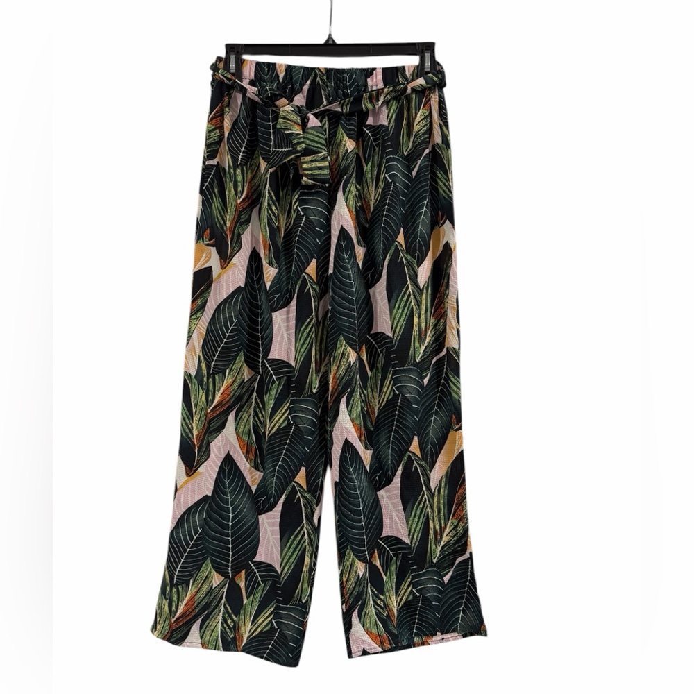 Women’s High Rise Wide Leg Tropical Palm Leaf Palazzo Pants Large